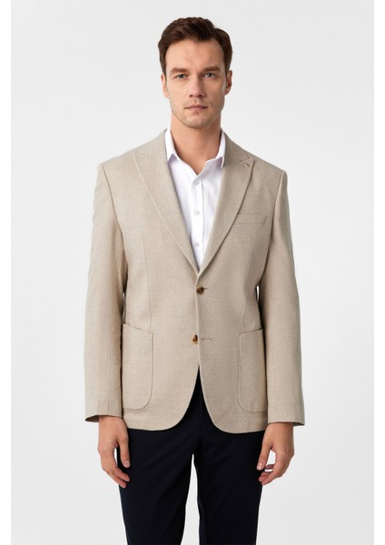 Bej Slim Fit Desenli Sivri Yaka 6 Drop Ceket