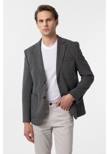 Siyah Slim Fit Desenli Mono Yaka 6 Drop Ceket
