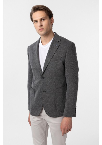 Siyah Slim Fit Desenli Mono Yaka 6 Drop Ceket