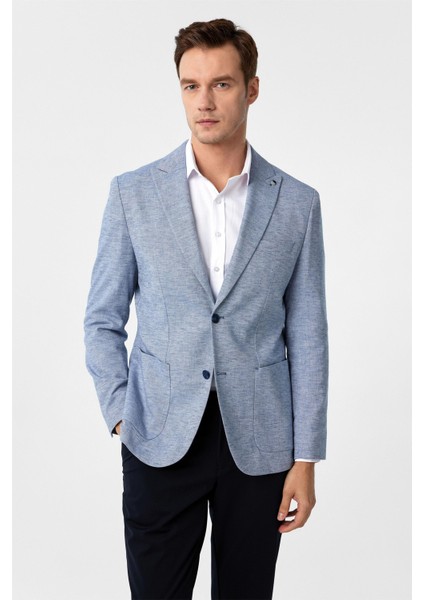 Saks Mavi Slim Fit Desenli Sivri Yaka 6 Drop Ceket