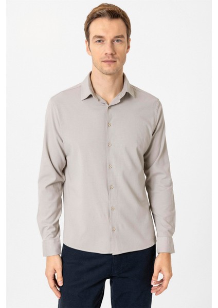 Ekru Slim Fit Düz Klasik Yaka Gömlek