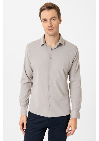 Ekru Slim Fit Düz Klasik Yaka Gömlek fiyatları