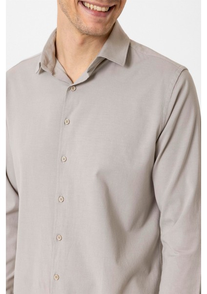 Ekru Slim Fit Düz Klasik Yaka Gömlek modelleri