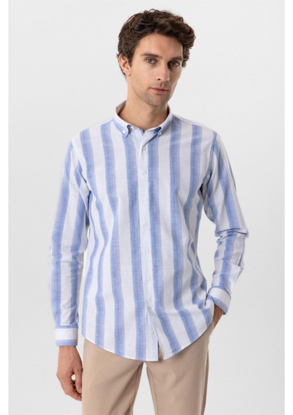 Mavi Slim Fit Desenli Düğmeli Yaka Çizgili Gömlek