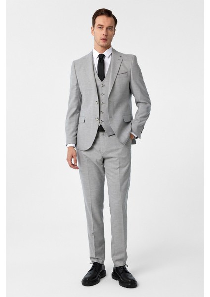 Gri Slim Fit Desenli Mono Yaka 6 Drop Yelekli Klasik Takım Elbise