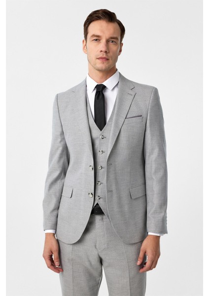 Gri Slim Fit Desenli Mono Yaka 6 Drop Yelekli Klasik Takım Elbise