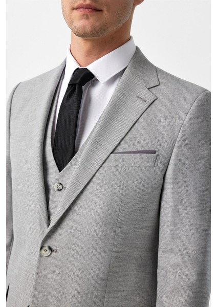 Gri Slim Fit Desenli Mono Yaka 6 Drop Yelekli Klasik Takım Elbise