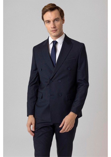 Lacivert Slim Fit Desenli Sivri Yaka 6 Drop Klasik Takım Elbise