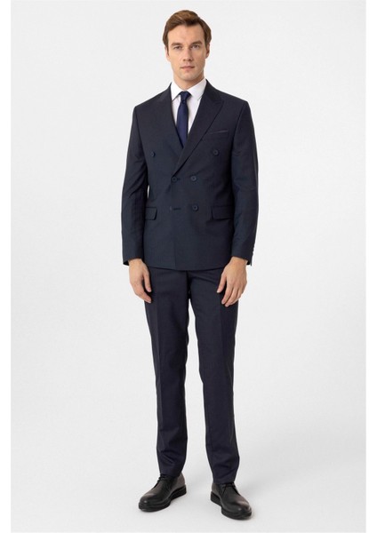 Lacivert Slim Fit Desenli Sivri Yaka 6 Drop Klasik Takım Elbise