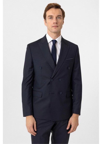 Lacivert Slim Fit Desenli Sivri Yaka 6 Drop Klasik Takım Elbise