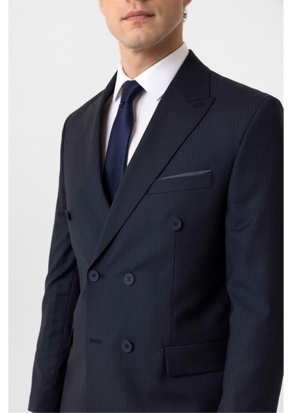 Lacivert Slim Fit Desenli Sivri Yaka 6 Drop Klasik Takım Elbise