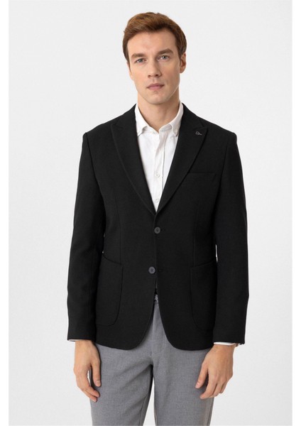 Siyah Slim Fit Sivri Yaka 6 Drop Ceket