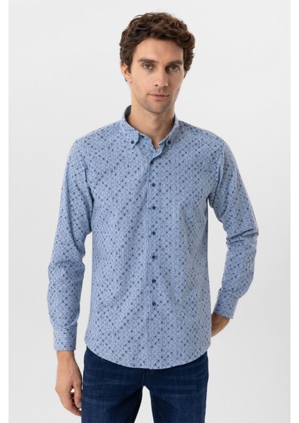 Mavi Slim Fit Düz Düğmeli Yaka Gömlek