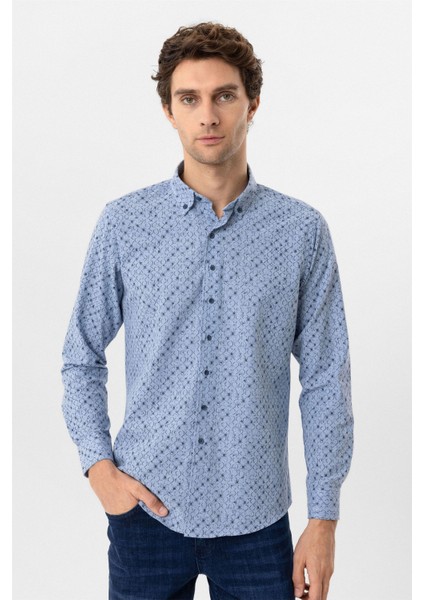 Mavi Slim Fit Düz Düğmeli Yaka Gömlek fiyatları