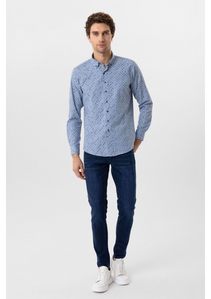 Mavi Slim Fit Düz Düğmeli Yaka Gömlek modelleri