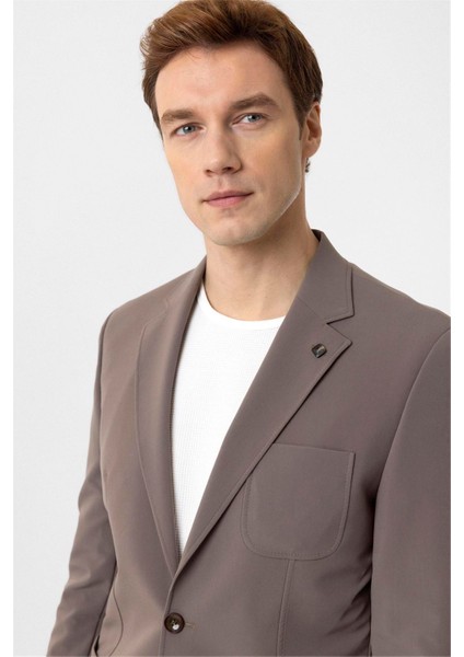 Açık Kahve Slim Fit Düz Mono Yaka 6 Drop Spor Takım Elbise