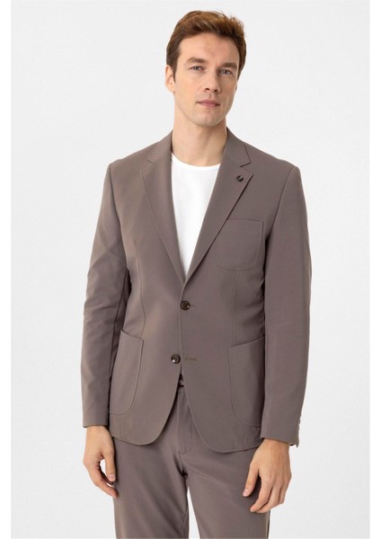 Açık Kahve Slim Fit Düz Mono Yaka 6 Drop Spor Takım Elbise