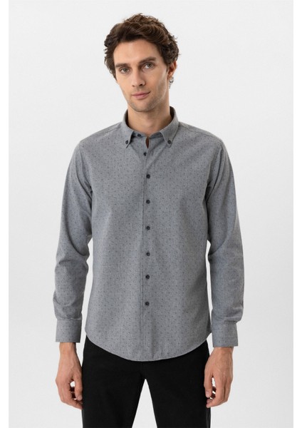 Antrasit Slim Fit Düz Düğmeli Yaka Gömlek