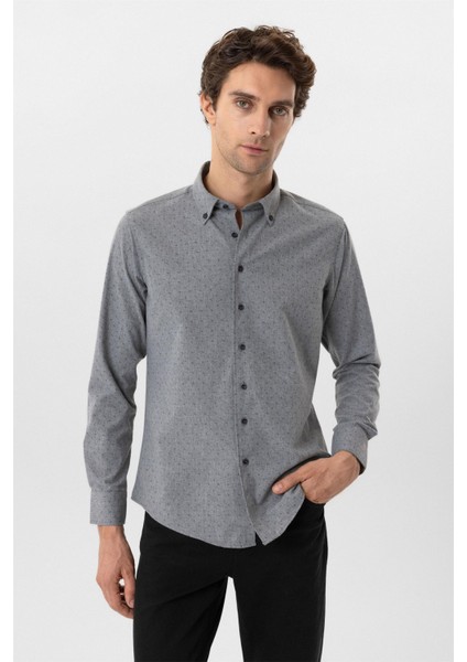 Antrasit Slim Fit Düz Düğmeli Yaka Gömlek fiyatları