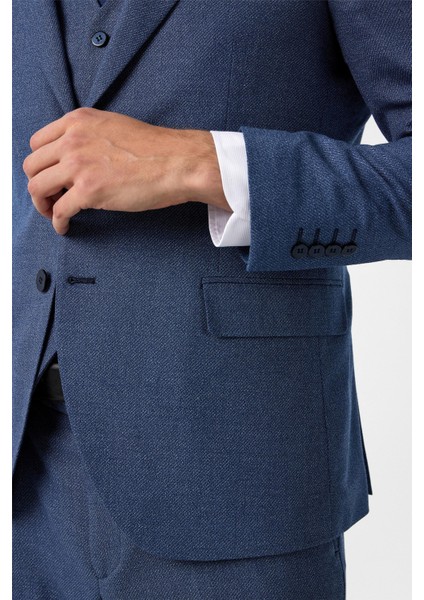 Parlament Mavi Slim Fit Desenli Mono Yaka 6 Drop Yelekli Klasik Takım Elbise