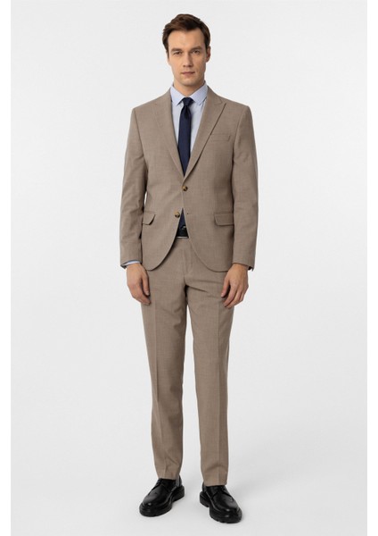 Sütlü Kahve Slim Fit Desenli Sivri Yaka 6 Drop Klasik Takım Elbise