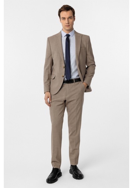 Sütlü Kahve Slim Fit Desenli Sivri Yaka 6 Drop Klasik Takım Elbise
