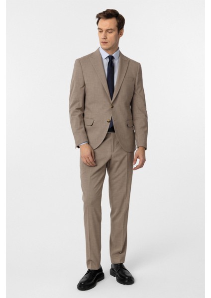 Sütlü Kahve Slim Fit Desenli Sivri Yaka 6 Drop Klasik Takım Elbise