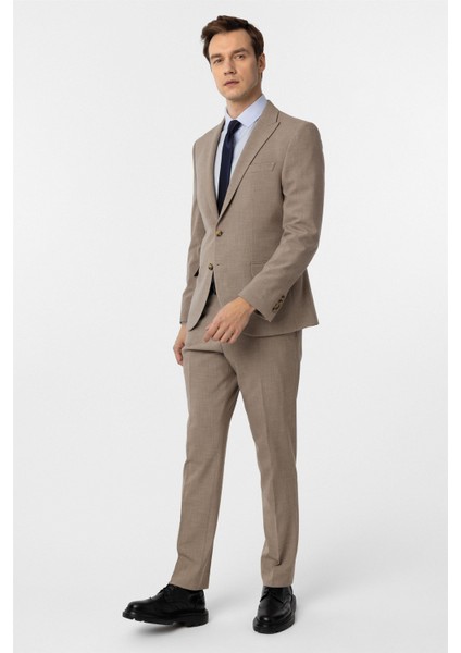 Sütlü Kahve Slim Fit Desenli Sivri Yaka 6 Drop Klasik Takım Elbise