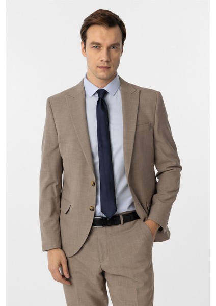 Sütlü Kahve Slim Fit Desenli Sivri Yaka 6 Drop Klasik Takım Elbise