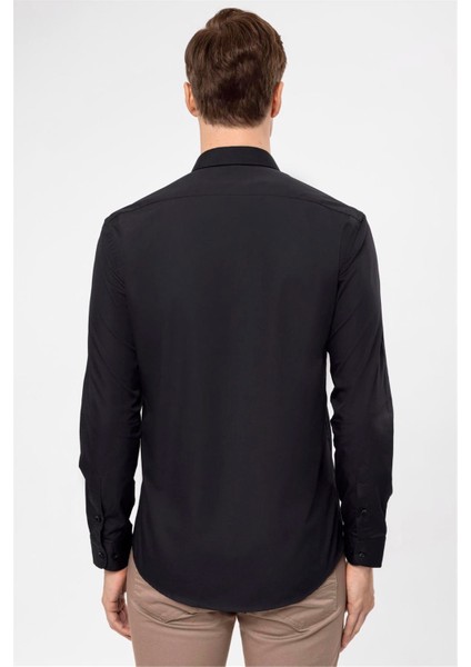 Siyah Slim Fit Düz Klasik Yaka Gömlek indirimleri