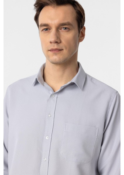 Gri Regular Fit Armürlü Klasik Yaka Gömlek