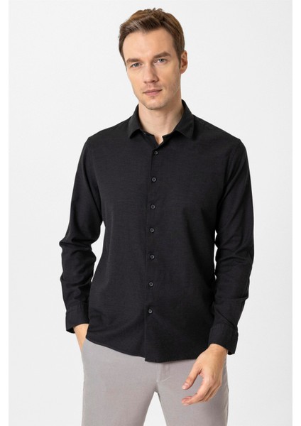 Siyah Slim Fit Düz Klasik Yaka Gömlek fiyatları