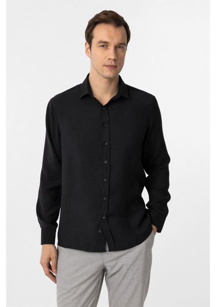 Siyah Slim Fit Düz Klasik Yaka Gömlek