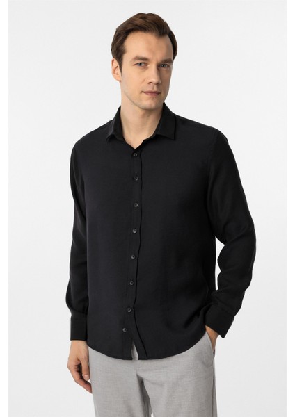 Siyah Slim Fit Düz Klasik Yaka Gömlek fiyatları