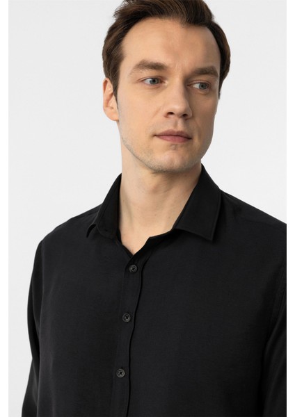 Siyah Slim Fit Düz Klasik Yaka Gömlek modelleri