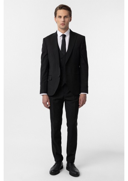 Siyah Slim Fit Düz Sivri Yaka 6 Drop Yelekli Klasik Takım Elbise