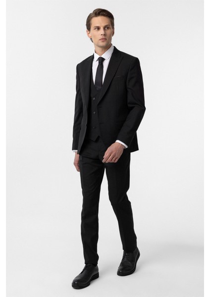 Siyah Slim Fit Düz Sivri Yaka 6 Drop Yelekli Klasik Takım Elbise