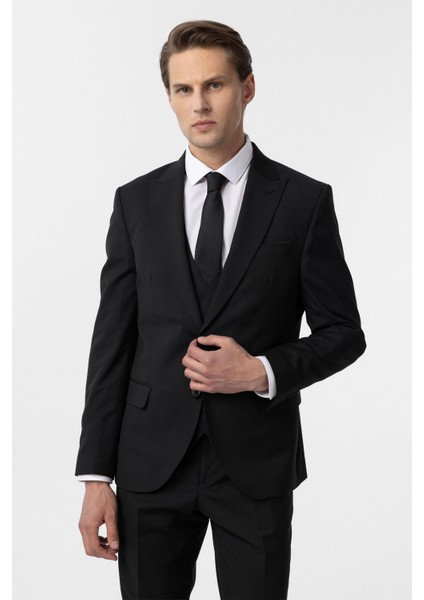 Siyah Slim Fit Düz Sivri Yaka 6 Drop Yelekli Klasik Takım Elbise