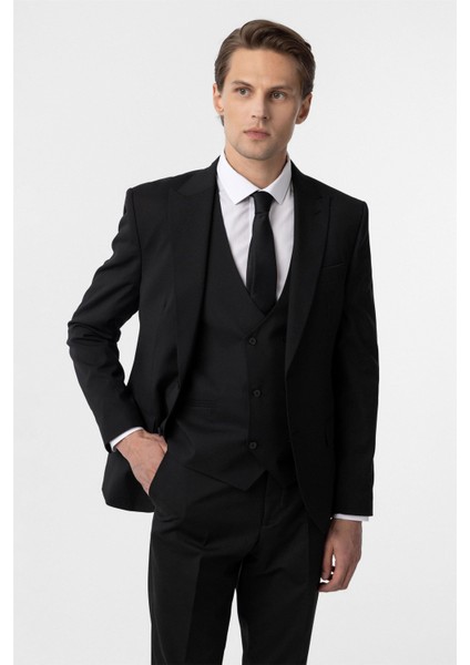 Siyah Slim Fit Düz Sivri Yaka 6 Drop Yelekli Klasik Takım Elbise
