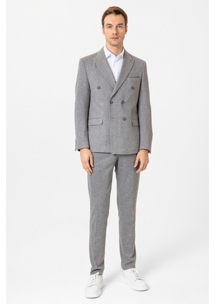 Gri Slim Fit Desenli Kruvaze Yaka 6 Drop Spor Takım Elbise