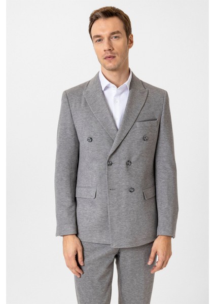 Gri Slim Fit Desenli Kruvaze Yaka 6 Drop Spor Takım Elbise modelleri