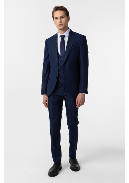 Lacivert Slim Fit Armürlü Sivri Yaka 6 Drop Yelekli Klasik Takım Elbise