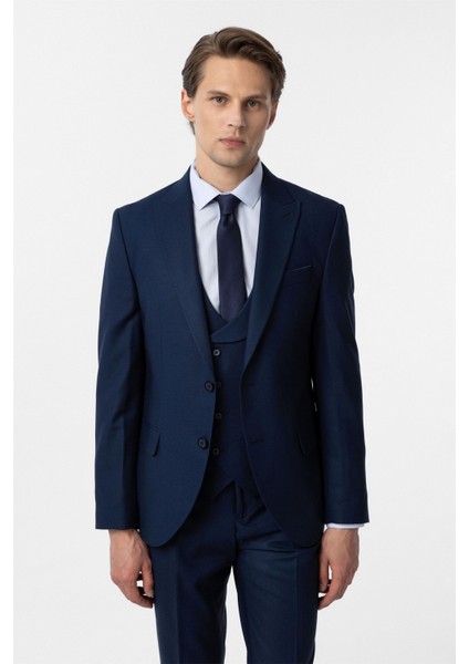 Lacivert Slim Fit Armürlü Sivri Yaka 6 Drop Yelekli Klasik Takım Elbise