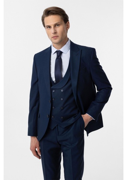 Lacivert Slim Fit Armürlü Sivri Yaka 6 Drop Yelekli Klasik Takım Elbise