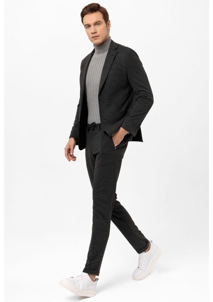 Antrasit Slim Fit Armürlü Mono Yaka 6 Drop Klasik Takım Elbise