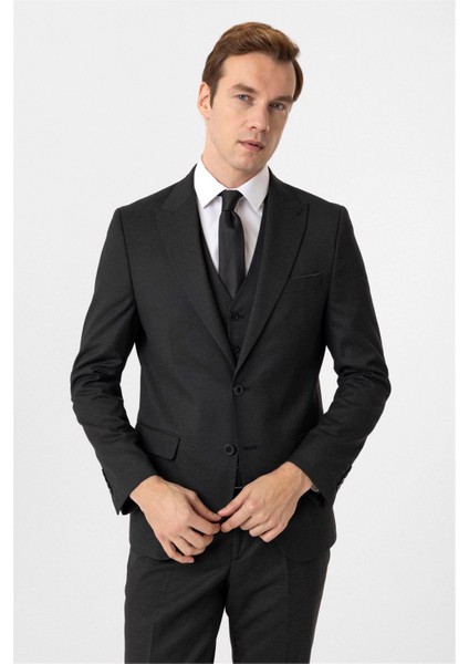 Siyah Slim Fit Armürlü Sivri Yaka 6 Drop Yelekli Klasik Takım Elbise