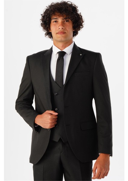 Siyah Slim Fit Armürlü Sivri Yaka 6 Drop Yelekli Klasik Takım Elbise