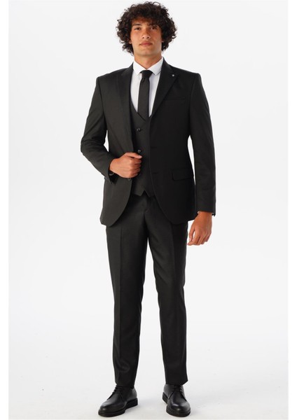 Siyah Slim Fit Armürlü Sivri Yaka 6 Drop Yelekli Klasik Takım Elbise