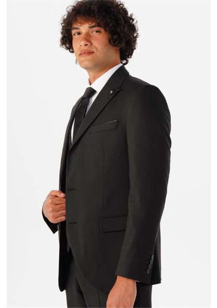 Siyah Slim Fit Armürlü Sivri Yaka 6 Drop Yelekli Klasik Takım Elbise