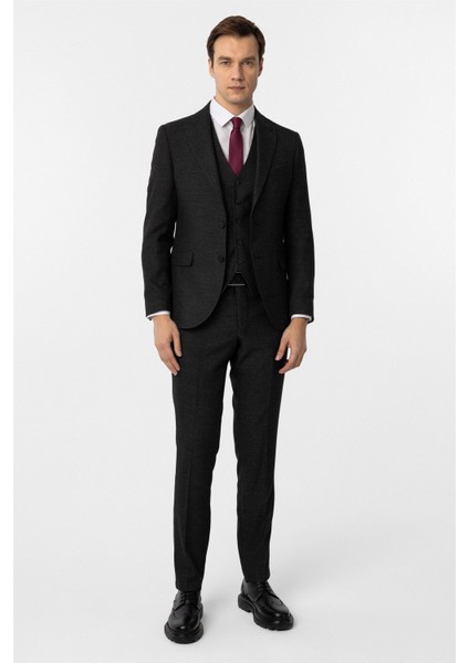 Siyah Slim Fit Desenli Sivri Yaka 6 Drop Yelekli Klasik Takım Elbise